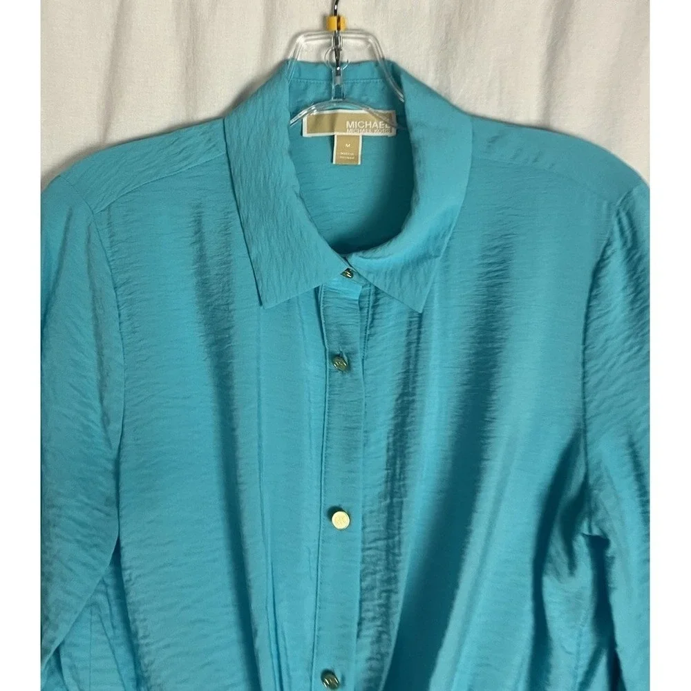 Michael Kors Women's Size‎ M Turquoise Tie Knot Front Top Short Sleeve Blouse